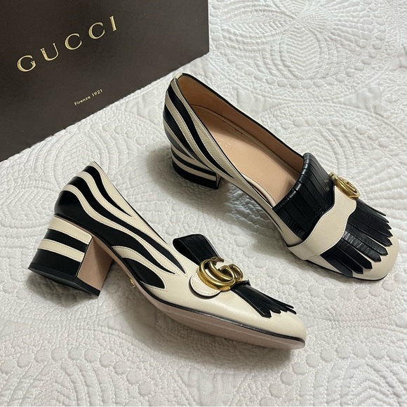 Gucci Shoes - GUCCI Marmont GG Logo Leather Zebra Fringe Slip On Loafers Black White Size 38.5